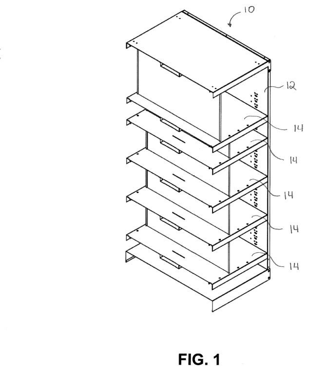 Patent drawing: Shelf that locks to a back wall with a one-piece clip
